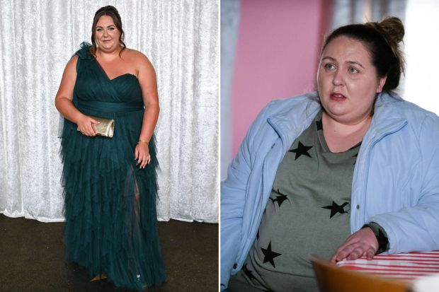 An image collage containing 2 images, Image 1 shows Clair Norris at the British Soap Awards 2025, Image 2 shows Still image of Clair Norris as Bernadette Taylor from EastEnders