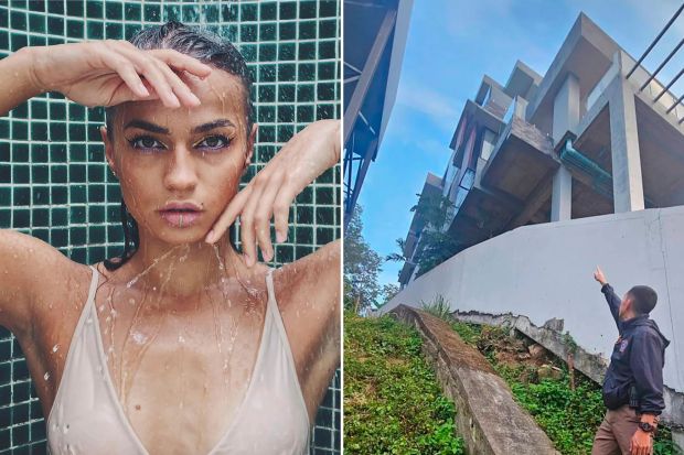 An image collage containing 2 images, Image 1 shows Portrait of a wet woman in a shower, Image 2 shows A person points towards a building where a fatal fall occurred
