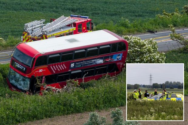 An image collage containing 2 images, Image 1 shows Double-decker bus in accident; emergency responders at the scene, Image 2 shows Police officers investigating a car accident