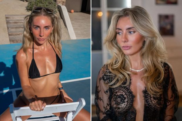 An image collage containing 2 images, Image 1 shows Woman in black bikini sitting on a white chair, Image 2 shows Woman with long blonde hair wearing a black lace robe