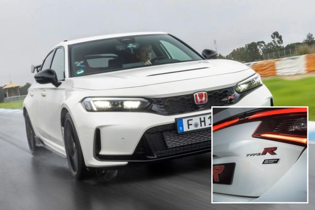 An image collage containing 2 images, Image 1 shows White Honda Civic Type R driving on a racetrack, Image 2 shows Close-up of a white Honda Civic Type R Ultimate Edition's rear, showing the taillights and badging