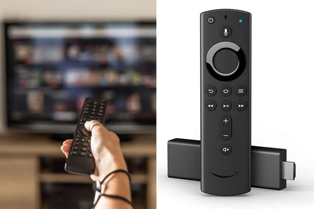 An image collage containing 2 images, Image 1 shows Woman's hand holding a smart TV remote, with a streaming service screen in the background, Image 2 shows Amazon Fire Stick and remote