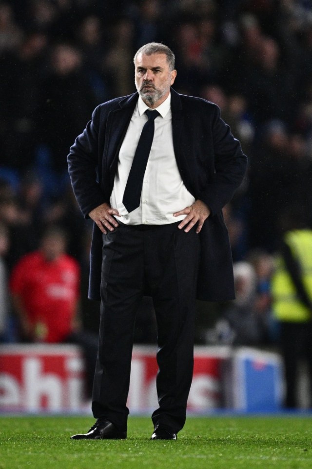 BRIGHTON, ENGLAND - OCTOBER 6: Ange Postecoglou, the manager of Tottenham Hotspur FC looks dejected during the Premier League match between Brighton & Hove Albion FC and Tottenham Hotspur FC at Amex Stadium on October 6, 2024 in Brighton, England. (Photo by Sebastian Frej/MB Media/Getty Images)