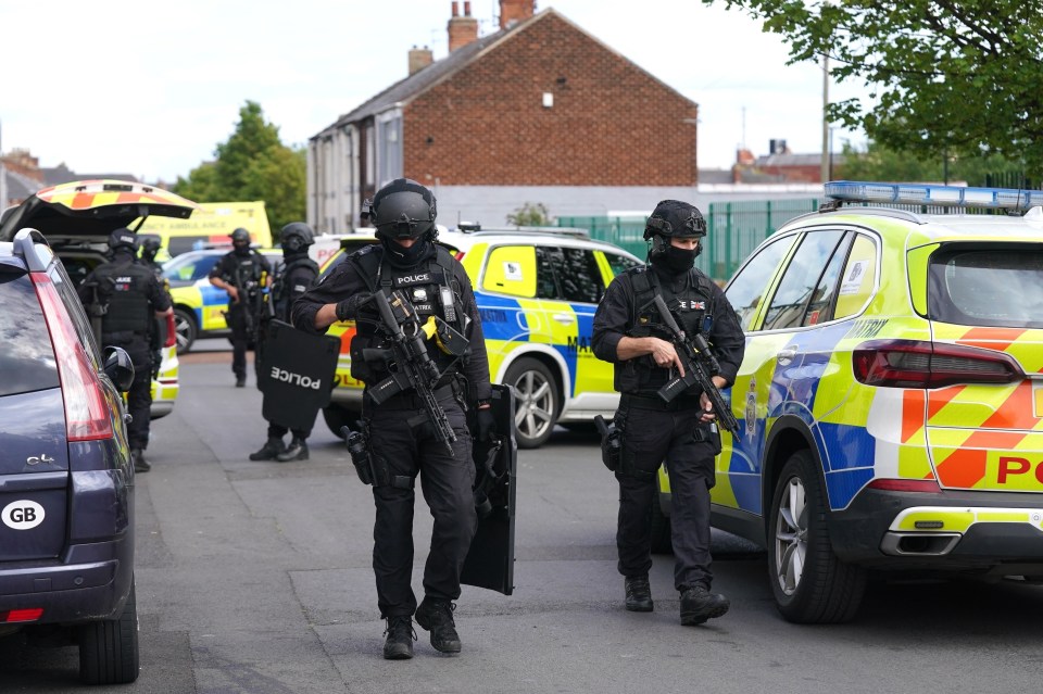 Armed police officers responding to a dog attack.