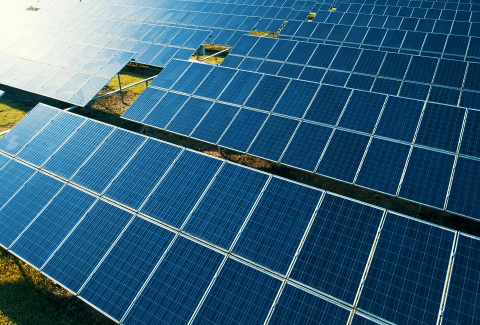 Aerial view of a solar panel farm.