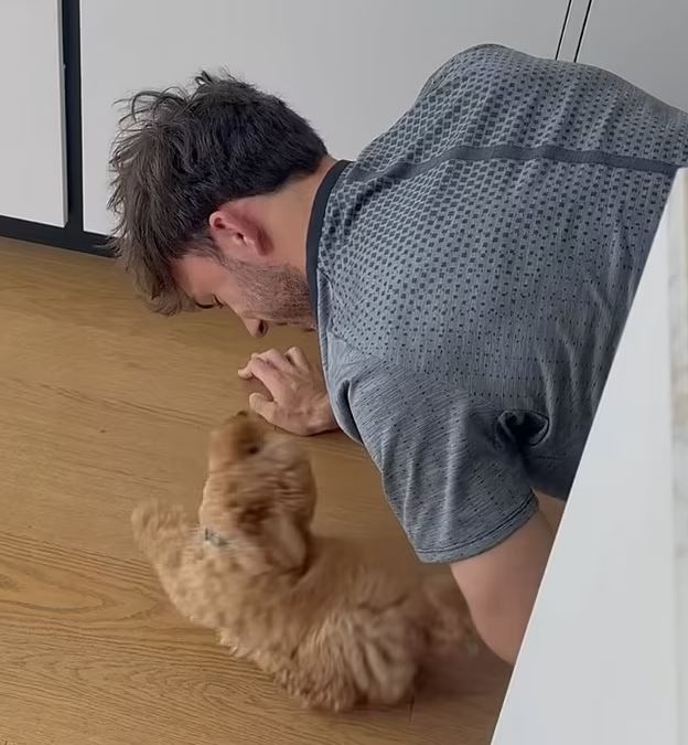 Man playing with his dog on the floor.