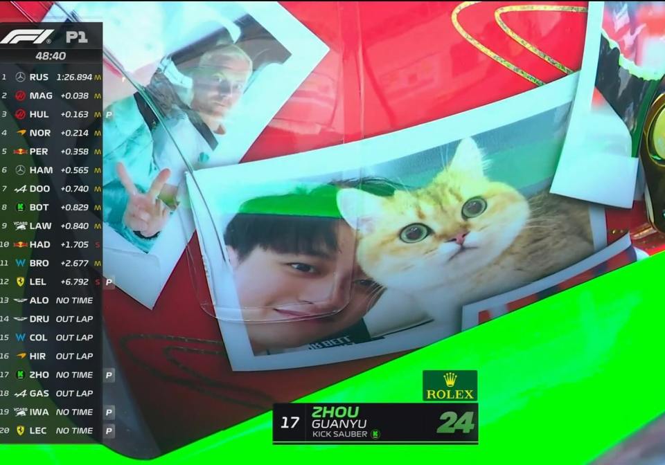 Zhou Guanyu's race car with photos of him and his cat.